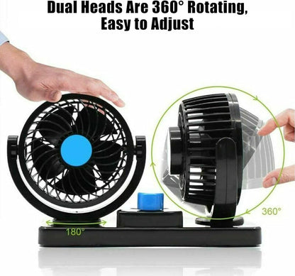 Itian 360° Rotating Double Mini Electric Car Fan - Dual Head Clip Fan for Car, SUV, RV, Boat, Adjustable Speeds, Includes Adhesive Stickers - PuriLite