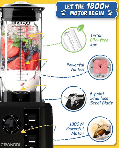 CRANDDI Professional High-Speed Blender 1800W, 80oz for Home and Commercial Use, Blending Ice Cream, Frozen Dessert, Shakes and Smoothies Maker, Built-in Pulse, Self-Cleaning, K95 (Black) - PuriLite