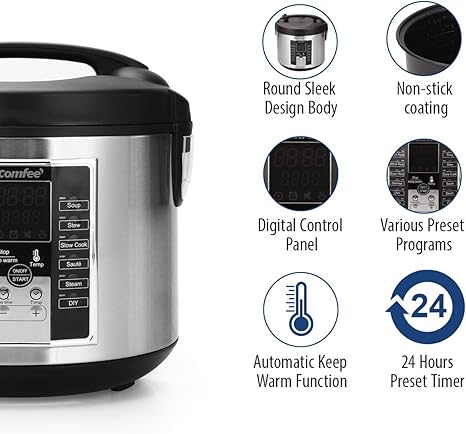 COMFEE' Rice Cooker, Multi Cooker, Stewpot, Saute All in One, 10 Cup Uncooked, 12 Digital Cooking Programs,24 Hours Preset - PuriLite