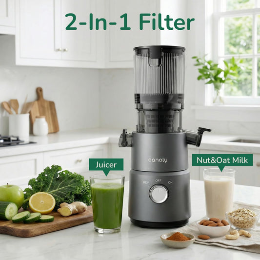 Canoly C03 Cold Press Juicer 200W Slow Masticating Juicer with 4.5 Inch Wide Feed Chute, Whole Fruit Juicer Machine, Juice & Nut Milk Maker, Easy to Clean, Matte Grey - PuriLite