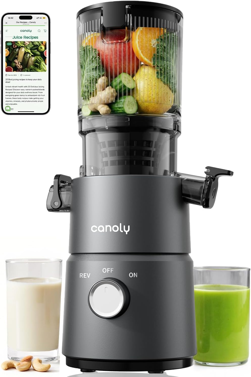 Canoly C03 Cold Press Juicer 200W Slow Masticating Juicer with 4.5 Inch Wide Feed Chute, Whole Fruit Juicer Machine, Juice & Nut Milk Maker, Easy to Clean, Matte Grey - PuriLite