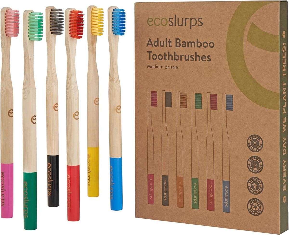 EcoSlurps 6 Bamboo Toothbrushes Multipack - Soft/Medium Bristle eco-friendly family toothbrush pack (Pack of 6) - PuriLite
