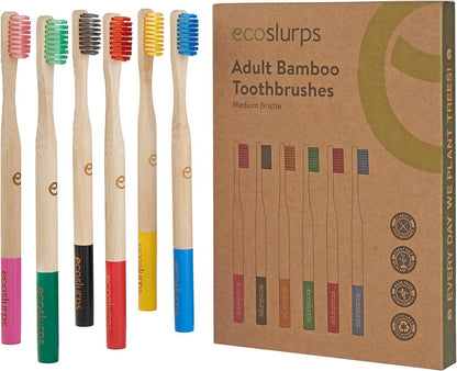 EcoSlurps 6 Bamboo Toothbrushes Multipack - Soft/Medium Bristle eco-friendly family toothbrush pack (Pack of 6) - PuriLite