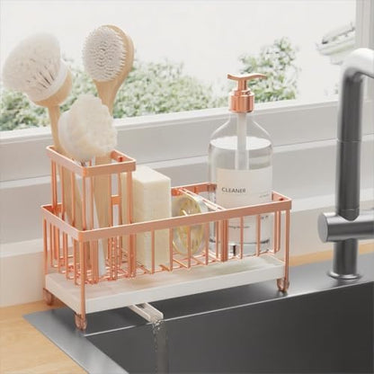 Cisily Sponge Holder for Kitchen Sink, Sink Caddy with High Brush Holder, Organzier Rustproof 304 Stainless Steel Dish Organizer Divider, Soap Dispenser Storage (Black) - PuriLite
