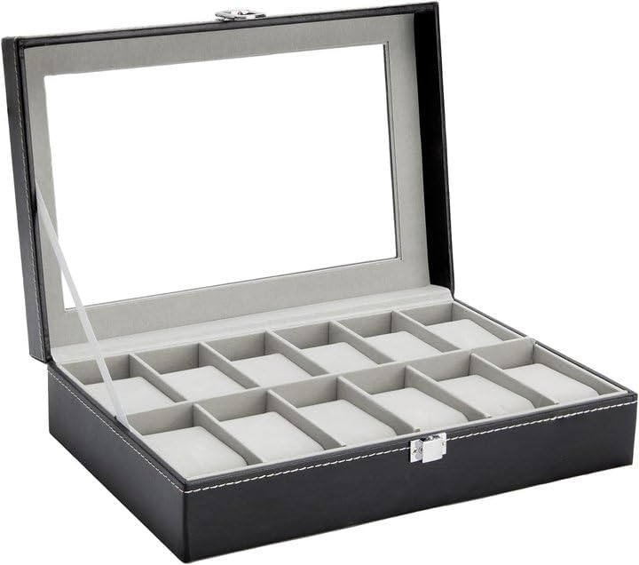 Ohuhu Watch Box Organizer for Men -12 Slot Leather Watch Case with Real Glass Lid Watch Display Case, Watch Organizer Jewelry Storage Box - PuriLite