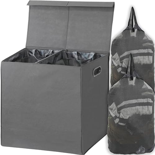 SimpleHouseware Double Laundry Hamper with Lid and Removable Laundry Bags, Beige - PuriLite