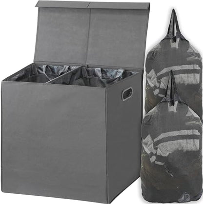 SimpleHouseware Double Laundry Hamper with Lid and Removable Laundry Bags, Beige - PuriLite