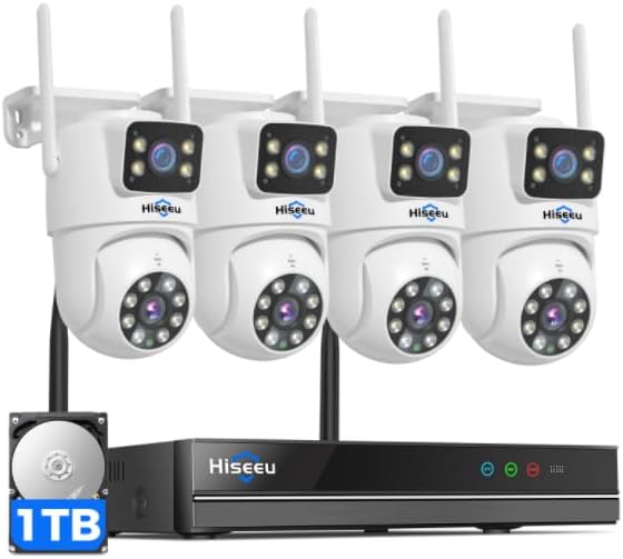 Hiseeu Wireless Security Camera System, 5G & 2.4G WiFi, Outdoor Camera for Home Security, Dual Lens, 360° Pan & Tilt, Auto Tracking, Color Night Vision, 1TB HDD No Subscription, WiFi Pro, Need Plug In - PuriLite