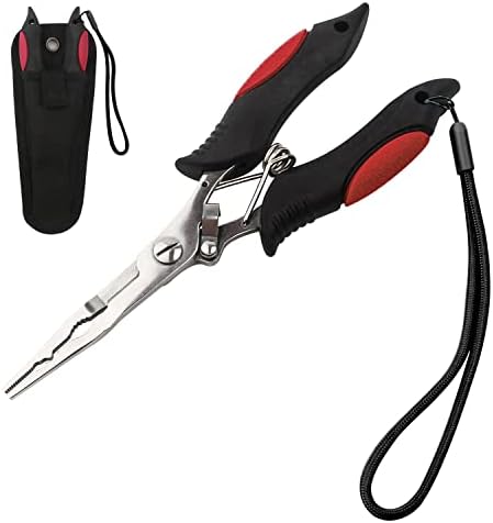 Fishing Pliers Stainless Steel Hook Remover Braid Cutter Rustproof Saltwater Split Ring Pliers Fishing Multi-Tools with Sheath and Lanyard - PuriLite