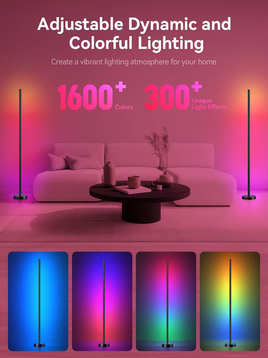 Smart RGBICW LED Corner Floor Lamp - 16 Million DIY Colors, 68+ Scenes, Music Sync, App & Remote Control, Color-Changing Ambient Lighting for Living Rooms, Bedrooms, and Gaming Rooms - PuriLite