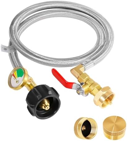 Propane Refill Adapter 20lb to 1lb Camping - 3FT/36inch Stainless Steel Hose with Gauge and ON-Off Control Valve - Fits QCC1 / Type1 Tank, 2 Caps Included - PuriLite