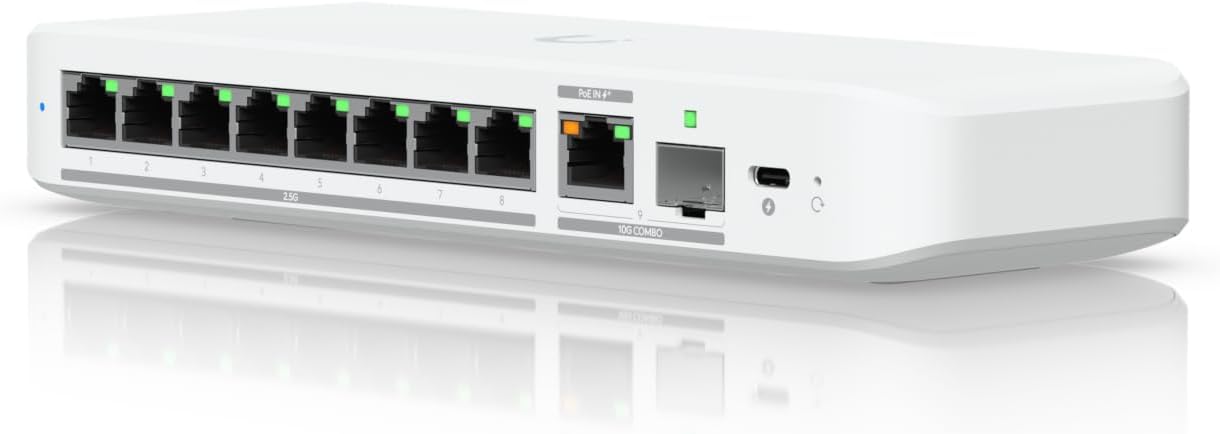 Ubiquiti Networks USW-Flex-2.5G-8 UniFi Switch Flex 2.5G (8 x 2.5 GbE ports, 1 x 10 GbE PoE+ input/SFP+ combo, Plastic case, Compatible with Desktop, Laptop, Server, IP Camera, Printer) - PuriLite