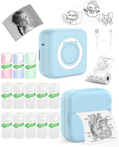Label Maker - Mini Portable Sticker Printer with 13 Rolls Self-Adhesive Thermal Papers, Labeller Machine for Home Office Study Business Texts Journal, Blue - PuriLite