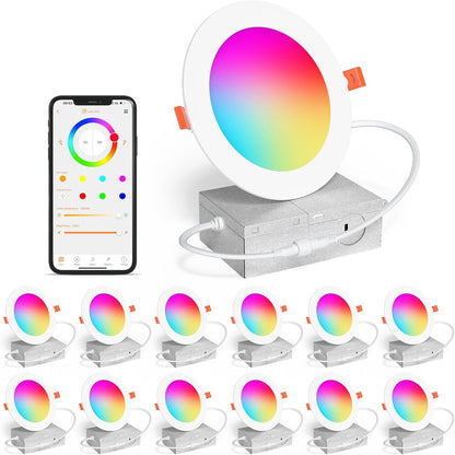 Smart Recessed Lighting 4 Inch RGBCW Color Changing 12W LED Downlight with Junction Box,1080 Lumen Recessed Ceiling Light Compatible with Alexa,Dimmable by Bluetooth Control -12Pack - PuriLite