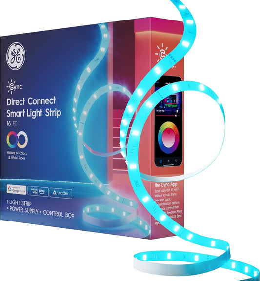 GE Cync Smart LED Strip Light, Color Changing Room Decor LED Light Strip, Works with Alexa and Google Home, Matter Compatible, LED Lights for Bedroom, Millions of Colors and White Tones, 16 Feet - PuriLite