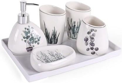White Bathroom Accessories Set,Modern Countertop Bathroom Decor,Luxury 6 Piece Bathroom Accessory Set,Complete with Soap Dispenser,Toothbrush Holder,Tumbler,Tray - PuriLite