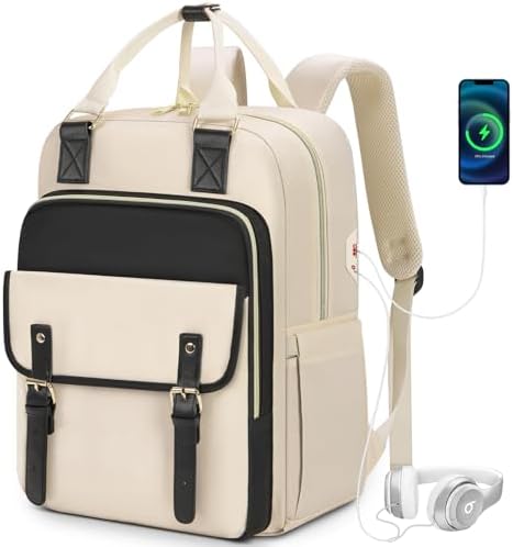 RAINSMORE Laptop Backpack 15.6 Inch for Women Large Travel Backpack with USB Charging Port Water Resistant - PuriLite