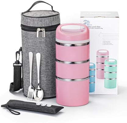 Lille Home Stackable Stainless Steel Thermal Compartment Lunch/Snack Box, 3-Tier Insulated Bento/Food Container with Lunch Bag, Cutlery Set and 3 Extra Seals, 43OZ (Gray) - PuriLite
