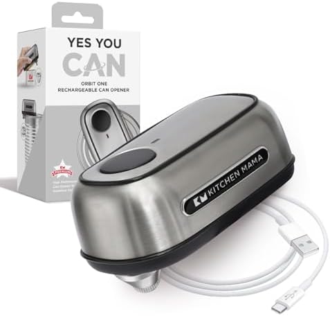 Kitchen Mama Orbit One Stainless Steel Rechargeable Electric Can Opener: Hands-Free, USB-C Charging, Automatic Stop, Smooth Edge, Safety, Blade for Large Cans, Heavy Duty, Soda Can and Pop Can - PuriLite