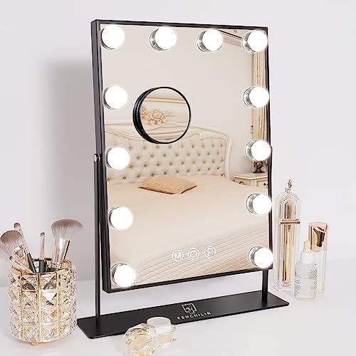 FENCHILIN Lighted Makeup Mirror Hollywood Mirror Vanity Makeup Mirror with Light Smart Touch Control 3Colors Dimmable Light Detachable 10X Magnification 360°Rotation(White) - PuriLite