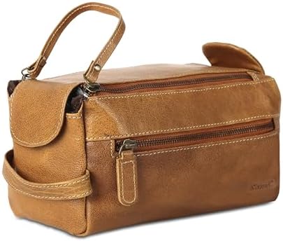 Premium Buffalo Leather Unisex Toiletry Bag Travel Dopp Kit Shaving kit (Distressed Tan) - PuriLite