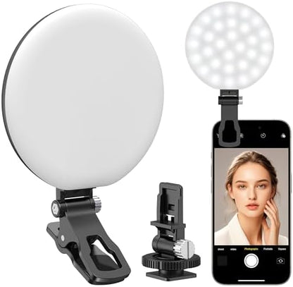 Anautin 60 LED Ring Light, Rechargeable Selfie Light with Front & Back Clip, 2500-6500K Portable Phone Light, Adjustable 3 Light Modes for iPhone, iPad, Tablet, Laptop, CRI97+, 90 Grams (White) - PuriLite
