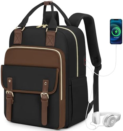 RAINSMORE Laptop Backpack 15.6 Inch for Women Large Travel Backpack with USB Charging Port Water Resistant - PuriLite