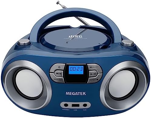 MEGATEK Portable CD Player Boombox with FM Radio, Bluetooth, USB Port, AUX Input, and Headphone Jack – CD-R/CD-RW/MP3-CD Compatible, Clear Stereo Sound, Backlit LCD Display – Black - PuriLite