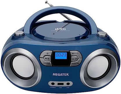 MEGATEK Portable CD Player Boombox with FM Radio, Bluetooth, USB Port, AUX Input, and Headphone Jack – CD-R/CD-RW/MP3-CD Compatible, Clear Stereo Sound, Backlit LCD Display – Black - PuriLite