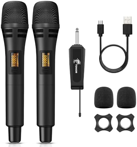 TONOR Wireless Microphones, UHF Dual Karaoke Microphone System, Microfonos Inalambricos with Rechargeable Receiver, Cordless Dynamic Mic for Singing, Wedding, DJ, Party, Speech TW320 Grey - PuriLite