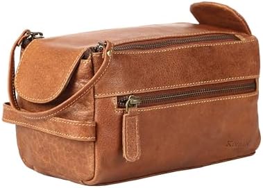 Premium Buffalo Leather Unisex Toiletry Bag Travel Dopp Kit Shaving kit (Distressed Tan) - PuriLite