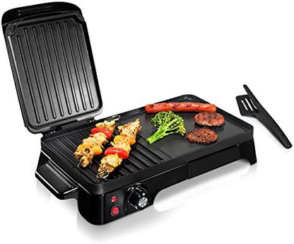 NutriChef Electric Griddle - Dual Hot Plate Cooktop Crepe Maker with Press Grill, Nonstick Coating, Rotary Temperature Control, Plug-in Operation & Oil Tray for Kitchen & Countertop (PKGRIL43) - PuriLite