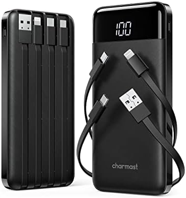 Charmast 2 Pack of Portable Chargers with Built in Cables, 2PCS Slim 10000mAh Travel Essentials Battery Pack 6 Outputs 3A Power Banks for iPhone Samsung Pixel LG Moto iPad (Black + Black) - PuriLite