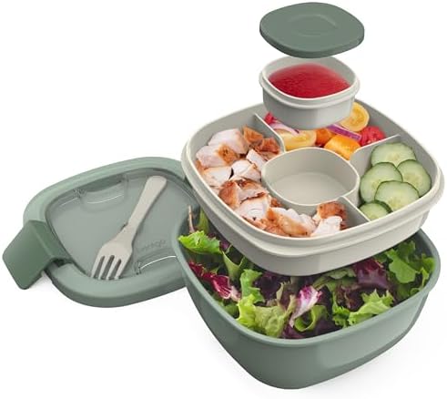 Bentgo Salad - Stackable Lunch Container with Large 54-oz Salad Bowl, 4-Compartment Bento-Style Tray for Toppings, 3-oz Sauce Container for Dressings, Built-in Reusable Fork & BPA-Free (Khaki Green) - PuriLite