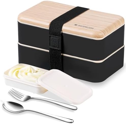 Original Bento Box Lunch Boxes Container Bundle Divider Japanese Style with Stainless Steel Utensils Spoon and Fork (Pink) - PuriLite