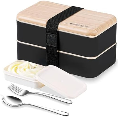 Original Bento Box Lunch Boxes Container Bundle Divider Japanese Style with Stainless Steel Utensils Spoon and Fork (Pink) - PuriLite