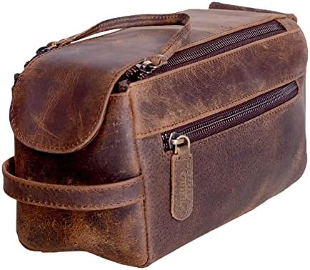 Premium Buffalo Leather Unisex Toiletry Bag Travel Dopp Kit Shaving kit (Distressed Tan) - PuriLite