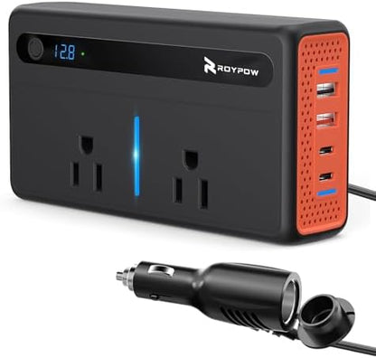 RoyPow 200W Car Power Inverter, DC 12V to 110V AC Power Inverter with Cigarette Lighter Port, Car Plug Adapter Outlet with 3.4A USB-A, QC3.0 24W, PD 30W, PD 36W, Dual AC Outlets, Car Charger Adapter - PuriLite
