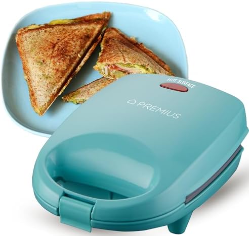 PREMIUS Ceramic NonStick Mini Snack Sandwich Maker, Indicator Light, 5x4.4 Inch Mold, Great for French Toast, Tuna Melt, Egg & Grilled Cheese, Pancake Sandwich, Desserts, Toasties, 520 W (Red) - PuriLite