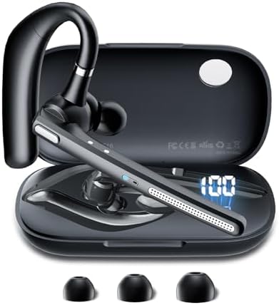 Bluetooth Headset, Bluetooth Earpiece V5.3 with Noise Cancelling Mic, Wireless Headset Hands-Free with High Capacity Battery LED Display Charging Case, Single Ear Headphones for Office/Trucker - PuriLite