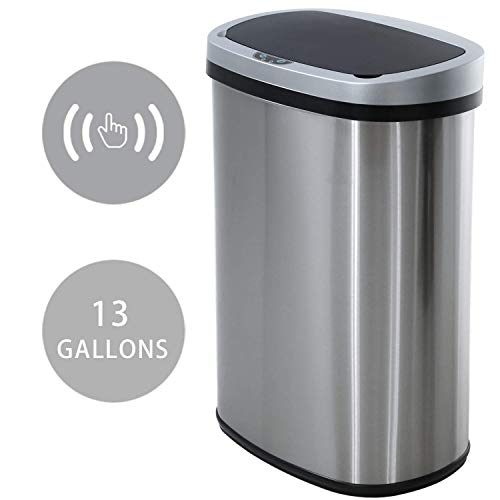 13 Gallon Sensor Garbage Can Stainless Steel Kitchen Garbage Can with Lid Antomatic Garbage can for Kitchen Office Bedroom Bathroom Living Room,Black - PuriLite