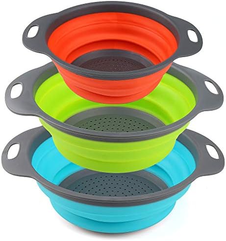 Collapsible Colander, BESUNTEK Strainer Set Round Food Silicone Kitchen for Draining Pasta, Vegetable and Fruit 2 pcs 4 Quart and 1 pcs 2 Quart (Orange + Green + Blue) - PuriLite
