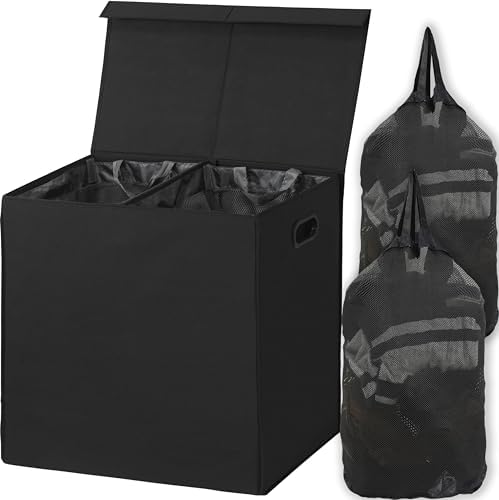 SimpleHouseware Double Laundry Hamper with Lid and Removable Laundry Bags, Beige - PuriLite