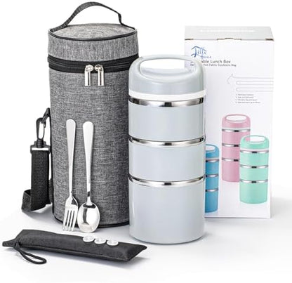 Lille Home Stackable Stainless Steel Thermal Compartment Lunch/Snack Box, 3-Tier Insulated Bento/Food Container with Lunch Bag, Cutlery Set and 3 Extra Seals, 43OZ (Gray) - PuriLite