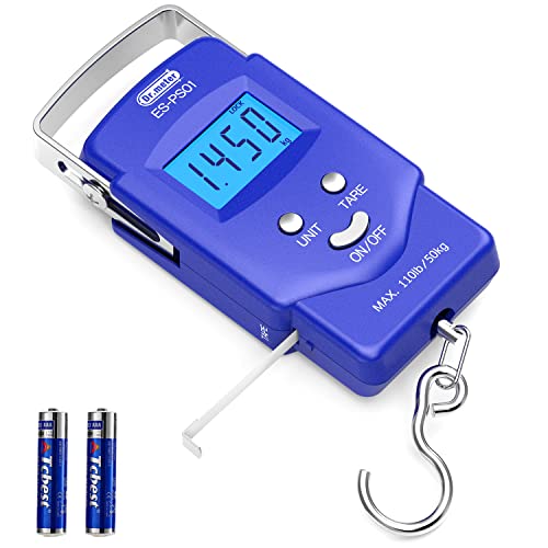Fish Scale, Dr.meter 110lb/50kg Backlit LCD Display Digital Scale with Built-in Measuring Tape - Electronic Fishing Postal Hanging Hook Scale with 2 AAA Batteries, Pocket Size - PuriLite