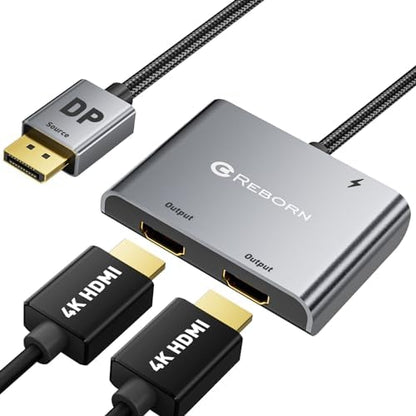 Reborn DisplayPort to Dual HDMI Adapter 4K@60Hz Display Port to 1 in 2 Out Splitter for Dual Monitor Extended Display, DP Source to 2 Adapter with PC, Graphics Card, HP and More - PuriLite