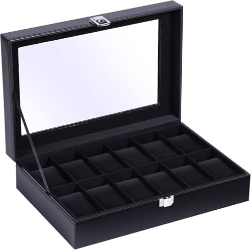 Ohuhu Watch Box Organizer for Men -12 Slot Leather Watch Case with Real Glass Lid Watch Display Case, Watch Organizer Jewelry Storage Box - PuriLite