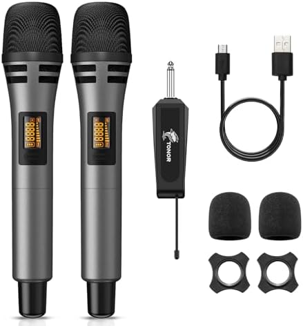 TONOR Wireless Microphones, UHF Dual Karaoke Microphone System, Microfonos Inalambricos with Rechargeable Receiver, Cordless Dynamic Mic for Singing, Wedding, DJ, Party, Speech TW320 Grey - PuriLite