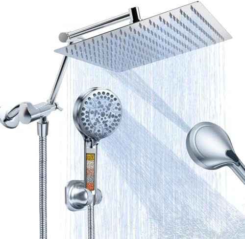 PALAS Rainfall Shower Head/Handheld Showerheads Combo, High Pressure Shower Head with Filter, Reinforced 60" Hose/Holder,Extension Arm Height/Angle Adjustable, Anti-Clog Nozzle (Chrome-8 Inches) - PuriLite