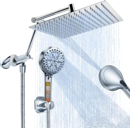 PALAS Rainfall Shower Head/Handheld Showerheads Combo, High Pressure Shower Head with Filter, Reinforced 60" Hose/Holder,Extension Arm Height/Angle Adjustable, Anti-Clog Nozzle (Chrome-8 Inches) - PuriLite